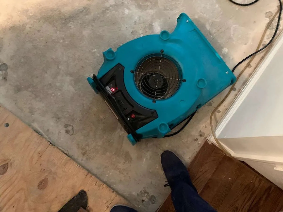 Air mover drying subfloor during Leak Detection & Repair in Briarcliff Manor